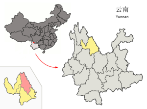 Localisation du xian de Ninglang (en rose) dans la préfecture de Lijiang (en jaune)