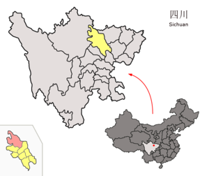 Localisation du xian de Pingwu (en rose) dans la préfecture de Mianyang (en jaune)