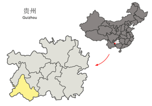 Localisation de la préfecture de Qianxinan (en jaune)
