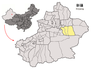 Localisation de la préfecture de Tourfan (en jaune)