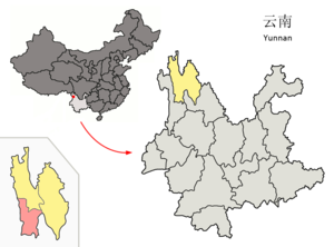 Localisation du xian de Weixi (en rose) dans la préfecture de Dêqên (en jaune)