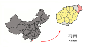 Localisation de la ville de Wenchang dans sa juridiction (en rose) et la zone administrée directement par la province (en jaune)