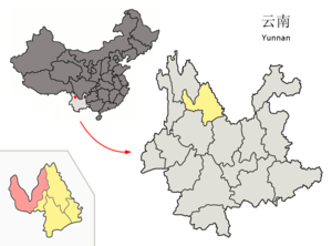 Localisation du xian de Yulong (en rose) dans la préfecture de Lijiang (en jaune)