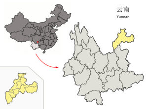 Localisation de la ville de Zhaotong et de sa préfecture (en jaune)