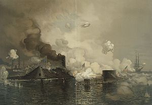 La première bataille entre des cuirassés à coque de fer : le CSS Virginia (à gauche) contre l'USS Monitor. (Combat de Hampton Roads, 1862)