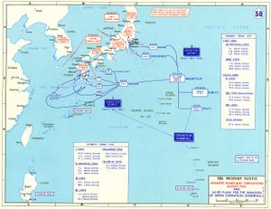 Carte exposant les forces au sol du Japon et des États-Unis (mais pas des autres Alliés) qui auraient dû prendre part à la bataille pour le Japon. Deux débarquements étaient prévus: (1) Olympic — Invasion de l'île du sud, Kyūshū, (2) Coronet — Invasion de l'île principale, Honshū.