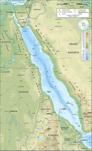 Carte bathymétrique de la mer Rouge (le golfe de Suez est en haut à gauche)
