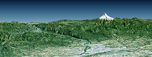 L'entrée de la gorge du Columbia avec Portland au premier plan et le mont Hood