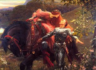Une femme à la longue chevelure rousse et habillée d'une robe rouge se tient sur un cheval noir. Elle se penche vers un chevalier en armure, probablement pour l'embrasser. Ils se tiennent dans un pré et sont entourés de collines.