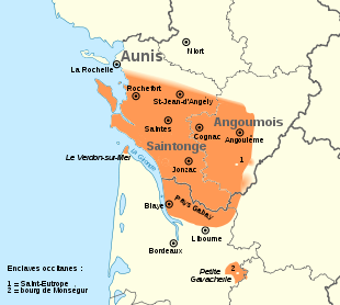 Carte représentant l'aire linguistique du Saintongeais dans les Charentes et le Nord-Gironde