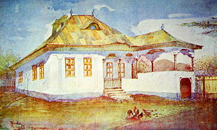 Aquarelle peinte par Toma T. Socolescu puis cédée au muzeul judetului  dans les années 1920-1930. Sujet : la maison de Petre Ion dit Boiangiul, située strada Ulierului à Ploiești.