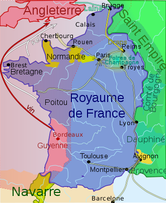Carte de France et du sud de l'Angleterre en 1330 soulignant l'influence anglaise sur tout l'ouest de la France, notamment la route du sel entre la Bretagne et l'Angleterre.