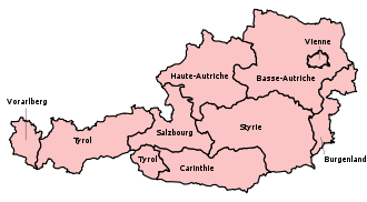 Carte politique de l'Autriche, indiquant sa division en neuf Bundesländer.