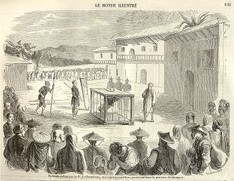 Illustration évoquant les tortures subies par le R. P. Chapedelaine martyrisé dans la province de Quang-si