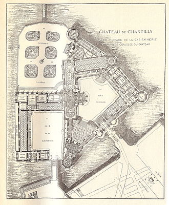 Plan du rez-de-chaussée du grand château et du premier étage du Petit château avec la cour d'honneur, la cour de la Capitainerie et le parterre de la Volière