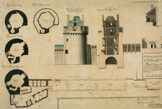 Illustration technique de la tour, coupe et vue d'ensemble de la tour vue depuis la vieille ville. Schéma de la tour et de sa cour, vue depuis le ciel