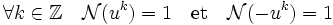\forall k \in \mathbb Z  \quad \mathcal N(u^k) = 1  \quad\text{et}\quad \mathcal N(-u^k) = 1\;