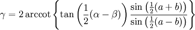 \gamma = 2\arccot \left\{\tan\left(\frac12(\alpha-\beta)\right) \frac{\sin \left(\frac12(a+b)\right)}{\sin \left(\frac12(a-b)\right)} \right\}