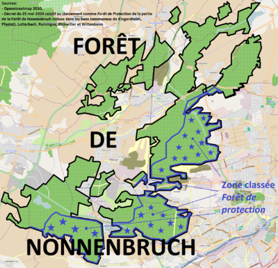 Carte représentant l'étendue de la Forêt de Nonnenbruch (contours noirs) avec la zone classée Forêt de Protection (étoiles et contours bleus)