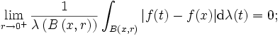 \lim_{r\rightarrow 0^+}\frac{1}{\lambda\left(B\left(x,r\right)\right)}\int_{B(x,r)}|f(t)-f(x)|\mathrm{d}\lambda(t)=0;