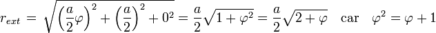r_{ext} \, = \,\sqrt {\left(\frac a2\varphi\right)^2 + \left(\frac a2\right)^2 + 0^2} = \frac{a}{2}\sqrt{1+\varphi^2} = \frac{a}{2}\sqrt{2+\varphi}\quad\text{car}\quad \varphi^2 = \varphi + 1