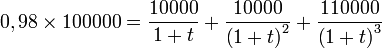 0,98\times{}100000 = \frac{10000}{1+t} + \frac{10000}{\left(1+t\right)^2} +   \frac{110000}{\left(1+t\right)^3}