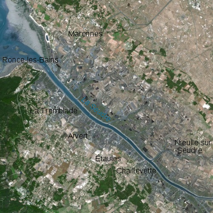 Localisation des principales communes bordant l'estuaire de la Seudre sur une image satellite