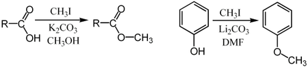 Réaction de l'iodométhane avec un acide carboxylique ou un phénol