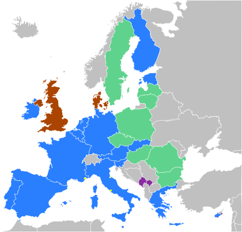      Zone euro      États de l'UE hors zone euro       Référendum sur l'adhésion du Danemark à la zone euro à venir      Dérogation au Royaume-Uni quant à son entrée dans la zone euro      États hors UE utilisant l'euro de manière officielle (Monaco, Vatican, Saint-Marin)      États ou zones hors de UE utilisant l'euro de facto (Andorre, Monténégro, Kosovo)