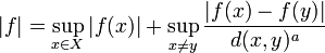 |f|=\sup_{x\in X}|f(x)|+\sup_{x\neq y} \frac{|f(x)-f(y)|}{d(x,y)^a}