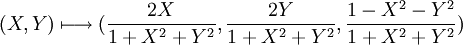 (X,Y) \longmapsto ( \frac{2X}{1+X^2+Y^2},\frac{2Y}{1+X^2+Y^2},\frac{1-X^2-Y^2}{1+X^2+Y^2})