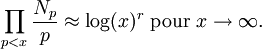 \prod_{p<x} \frac{N_p}{p} \approx \log(x)^r \mbox{ pour } x \rightarrow \infty. 