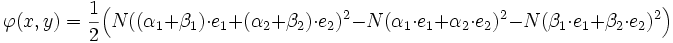 \varphi(x,y)= \frac 12\Big(N((\alpha_1+\beta_1)\cdot e_1+(\alpha_2 + \beta_2)\cdot e_2)^2-N(\alpha_1\cdot e_1+\alpha_2\cdot e_2)^2-N(\beta_1\cdot e_1+\beta_2\cdot e_2)^2\Big)