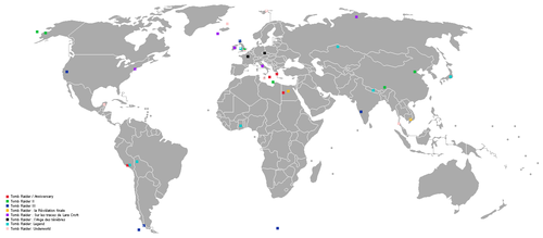 Carte du monde, avec des points représentants les lieux de quête de Lara Croft.