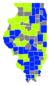 Les comtés en bleu sont remportés par Carlin et les comtés vert par Edwards