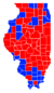 Les comtés en rouges sont remportés par Topinka et les comtés bleus par Blagojevich