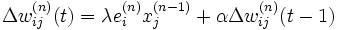 \Delta w_{ij}^{(n)}(t) = \lambda e_i^{(n)}x_j^{(n-1)} + \alpha \Delta w_{ij}^{(n)}(t-1)
