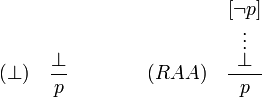 (\perp)\quad \frac{\perp}{p} \qquad \qquad (RAA)\quad \frac{\stackrel{\displaystyle[\neg p]}{\stackrel{\vdots}{\perp}}}{p}