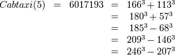 \begin{matrix}Cabtaxi(5)&=&6017193&=&166^3 + 113^3 \\&&&=&180^3 + 57^3 \\&&&=&185^3 - 68^3 \\&&&=&209^3 - 146^3 \\&&&=&246^3 - 207^3\end{matrix}