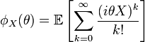 \phi_X(\theta) = \mathbb E\left[\sum_{k=0}^\infty {(i \theta X)^k \over {k !}}\right]