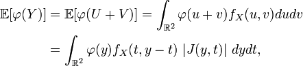 \begin{align}\mathbb{E}[\varphi(Y)] &= \mathbb{E}[\varphi(U+V)]  = \int_{\mathbb{R}^{2}}\varphi(u+v)f_{X}(u,v)dudv
\\
&= \int_{\mathbb{R}^{2}}\varphi(y)f_{X}(t,y-t)\ |J(y,t)|\ dydt,
\end{align}