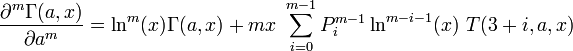  \frac{\partial^m \Gamma (a,x) }{\partial a^m} = \ln^m (x) \Gamma (a,x) + m x ~ \sum_{i=0}^{m-1} P_i^{m-1} \ln^{m-i-1} (x) ~ T(3+i,a,x) 