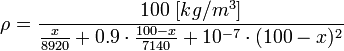 \rho = \frac{100 ~[kg/m^3]}{\frac{x}{8920} + 0.9 \cdot \frac{100-x}{7140} + 10^{-7} \cdot (100-x)^2}