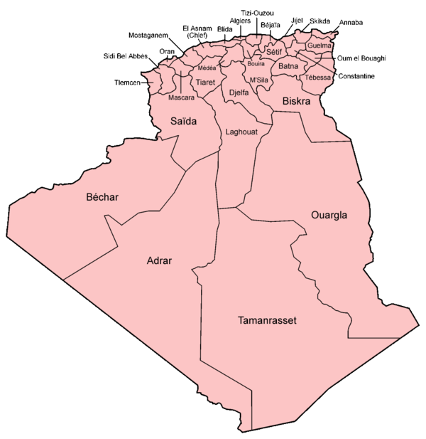 carte des wilayas algériennes selon le découpage en vigeur de 1974 à 1983