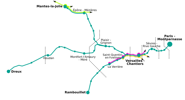Carte de la ligne N, avec le nom des principales gares, les lignes en correspondance et les limites des zones Carte Orange.