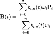 \mathbf{B}(t) = \dfrac{\displaystyle\sum_{i=0}^n b_{i,n}(t) \omega_i \mathbf{P}_{i} }
{\displaystyle\sum_{i=0}^n b_{i,n}(t) w_i } 