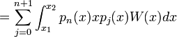  = \sum_{j=0}^{n+1}\int_{x_1}^{x_2}p_n(x) x p_j(x)W(x)dx
