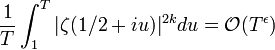 \frac1{T}\int_1^T{|\zeta(1/2+iu)|^{2k}du} = \mathcal{O}(T^\epsilon)