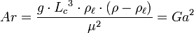 Ar = \frac{g \cdot {L_c}^3 \cdot \rho_\ell \cdot (\rho - \rho_\ell)}{\mu^2} = Ga^2