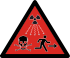 Panneau rouge représentant le trèfle nucléaire en train d'irradier un crâne et un homme en train de s'enfuir.